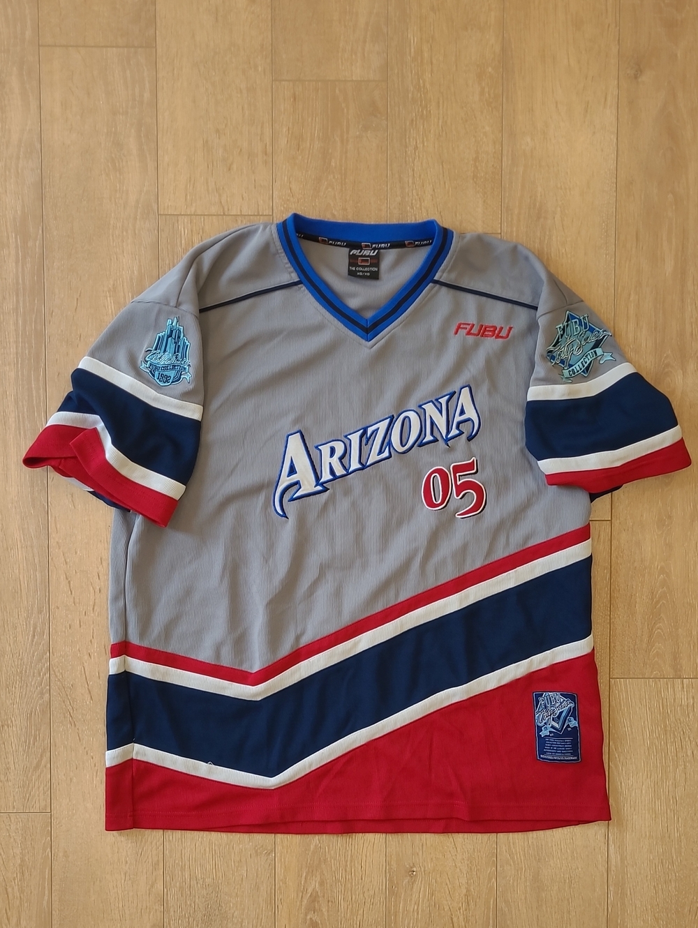 Vintage Y2K FUBU Gray Arizona 05 V-Neck Jersey with Navy & Red Accents